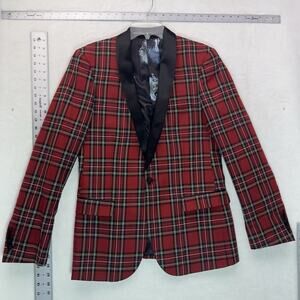Men's Red Plaid Tartan PAISLEY & GRAY TUXEDO Blazer Suit Slim Fit 38R EUC